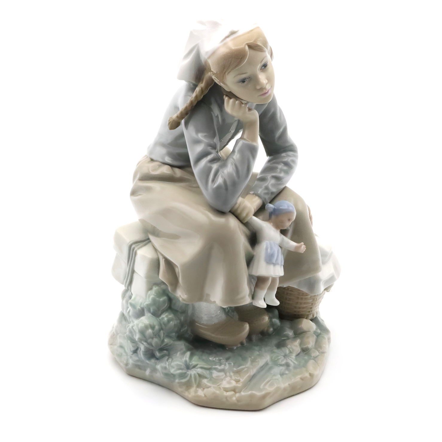 Lladro Sitzendes Mädchen Mit Puppe, Porzellan, Handbemalt, Vintage Keramik Sammlerfigurine